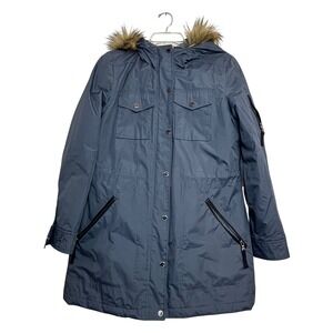 London Fog Parka Jacket Womens Medium M Navy Blue Faux Fur Hood Utility Gorpcore
